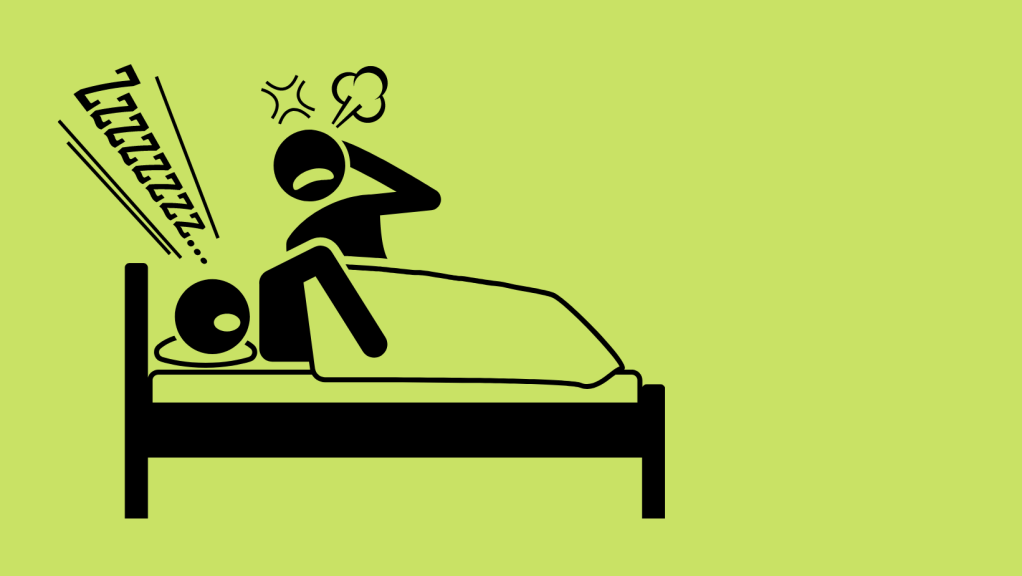 A cartoon of a couple in bed. One of them is snoring the other is sat up swearing.