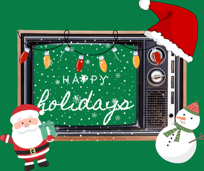 A vintage television. Happy Holidays written on the screen. A Santa hat, Santa and a snowman as surrounding it